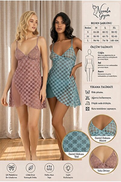 NOOALA GİYİM Women's Transparent Lace and Tulle Nightgown - Lilac & Turquoise