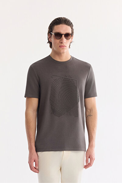Avva Men's Anthracite Crew Neck Printed Bi-Stretch Interlock Regular Fit T-Sh...