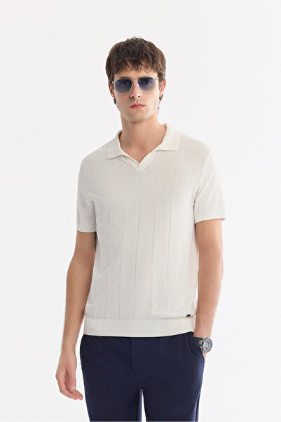 Avva Men's Ecru Polo Collar Buttonless Textured Regular Fit Knitwear T-Shirt ...