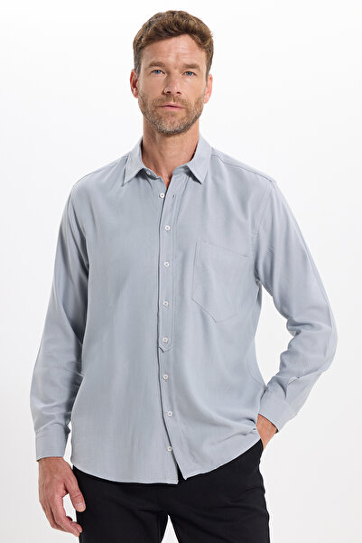 Tudors Men's Regular Fit Comfortable Cut Pocketed Linen Effect Plain Gray Shirt