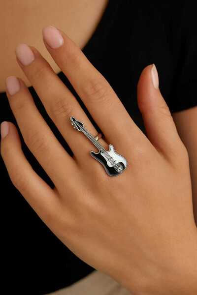 Herşey Nota Adjustable Ring with Guitar Figure – Music Themed Unisex Metal Ri...