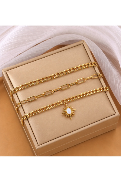 Ebravia White North Star Sparkle 3-Piece Gold Stainless Steel Necklace