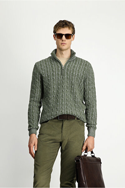 Kiğılı Half Turtleneck Regular Fit Zippered Patterned Knitted Wool Sweater