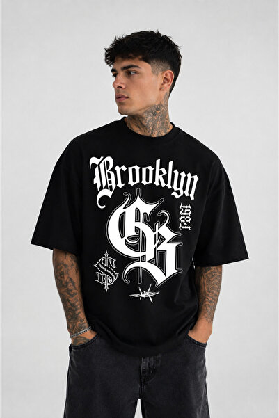 ZAVIXO Oversize Brooklyn Printed T-Shirt – Streetwear T-Shirt with Gothic Let...