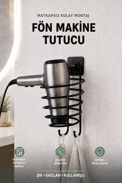 risingmaber Siyah Yapışkanlı Banyo Saç Kurutma Makinesi Askısı, Fön Makine As...