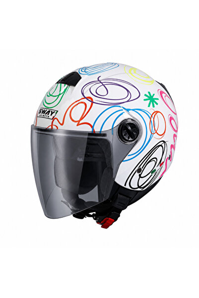 Sway 715 Renkli Yarım Kask Whıte Flower ( Gri Ayna Vizörlü)