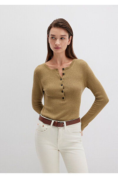 Mavi Grüner Pullover aus Wollmischung mit Knopfdetail, tailliert / eng anlieg...