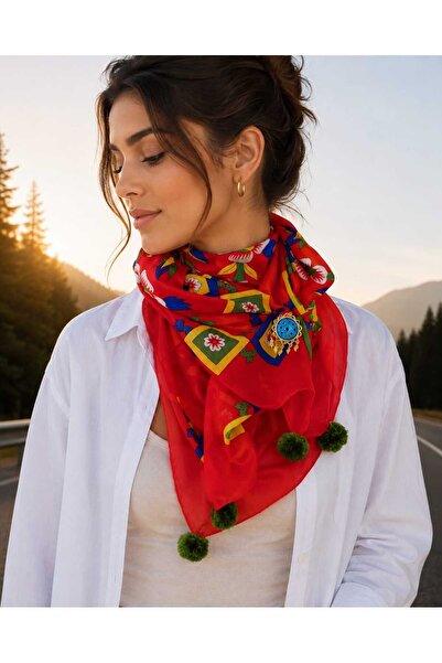 shop Ponponlu Yörük Otantik Çengelköy Desenli Yazma Fular – 100x100 cm Kırmız...