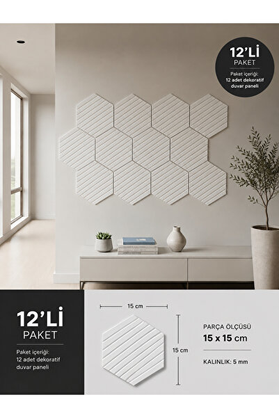 vareva studio 3D Altıgen Dekoratif Duvar Paneli 15x15 cm – 12'li Paket | Duva...