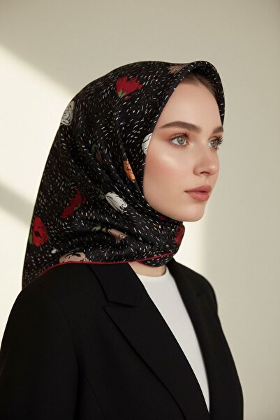 Vissona %100 Twill İpek Çıtır Çiçek Desenli Kırmızı - Bordo Renkli 90x90 Eşar...