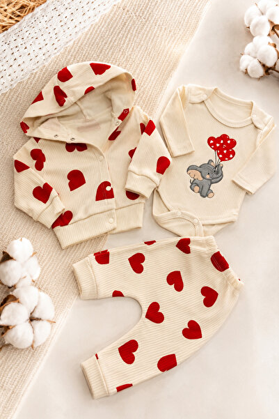 İZYALİF BABY Baby Girl 3-Piece Cardigan Set Elephant Heart Patterned Cotton C...