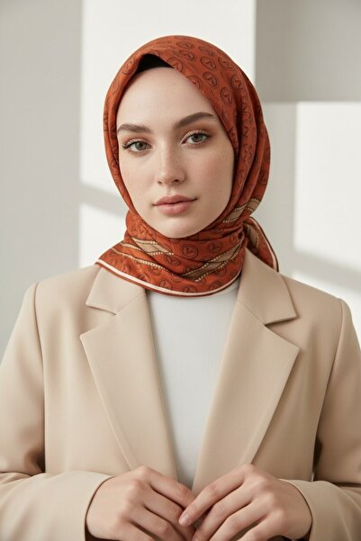 Vissona 100% Twill Silk Monogram Patterned Tan - Beige Colored 90X90 Scarf Pl...