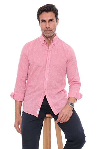 Fitmens Slim Fit Long Sleeve Collared Buttoned Breathable Linen Men's Shirt w...