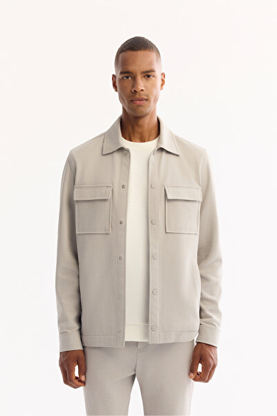 Avva Men's Light Gray Classic Collar Cotton Comfort Fit Shirt Jacket A52Y2092