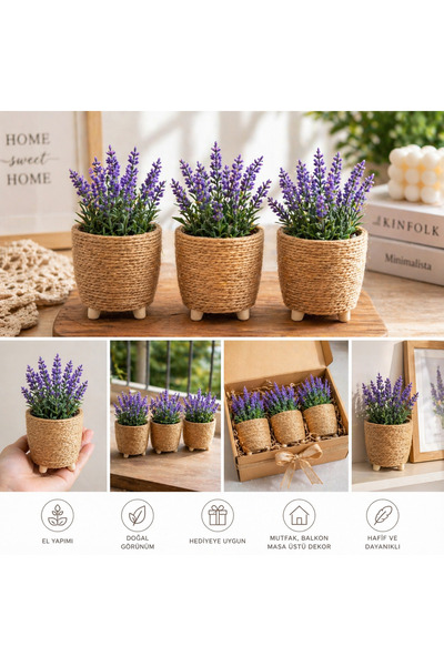 ecrella 1 Adet Mini Plastik Jüt İpli Saksı İçinde Yapay Lavanta | Dekoratif S...