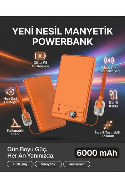asua 6000mAh Manyetik Kablosuz Magsafe Uyumlu Powerbank - Dahili Kablolu ve S...