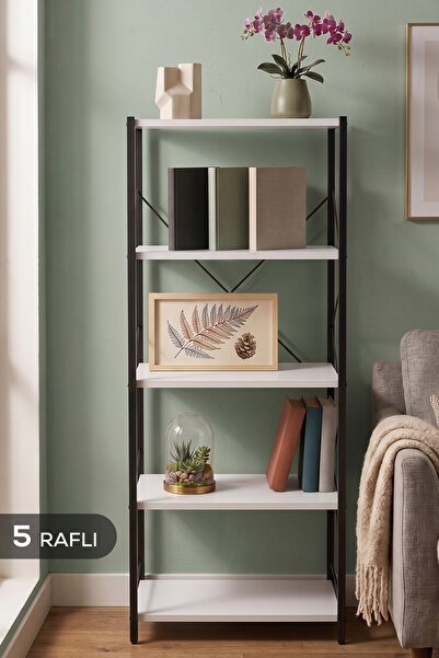 Vienev 5 Raflı Metal Dolap - Metal ve Ahşap Kitaplık, Mutfak Rafı 150x60 Siya...