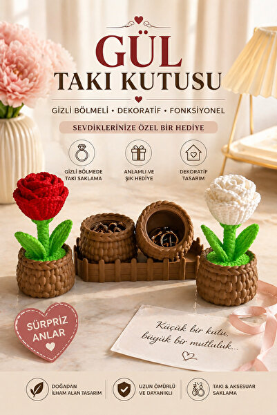 EVORADECO Örgü Dokulu Gizli Bölmeli Gül Takı Kutusu – Dekoratif Çiçek Tasarım...