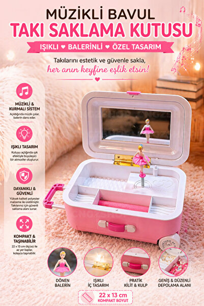 CNGZSHOP Müzikli Bavul Takı Saklama Kutusu | Işıklı Balerinli Dekoratif Takı ...