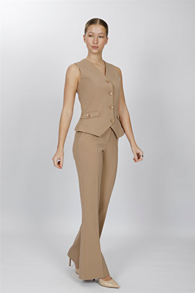 ÖNDER ÖZSOY V-Neck Decorated Buttoned Vest Suit 1530506-Stone - 1530506
