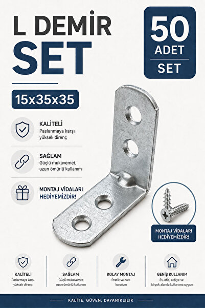 Badem10 Oval Başlı L Demir Gönye 15x35x35 mm 50 Adet Set Vida Dahil Güçlü Köş...