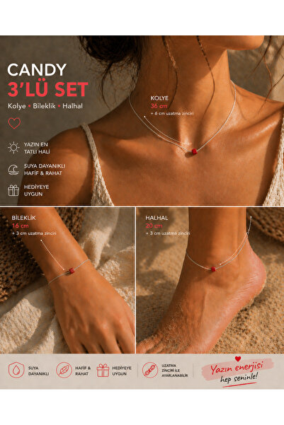 Liora De Mar Candy Premium İnce Çelik Zincir 3’lü Set (Kolye + Bileklik + Hal...
