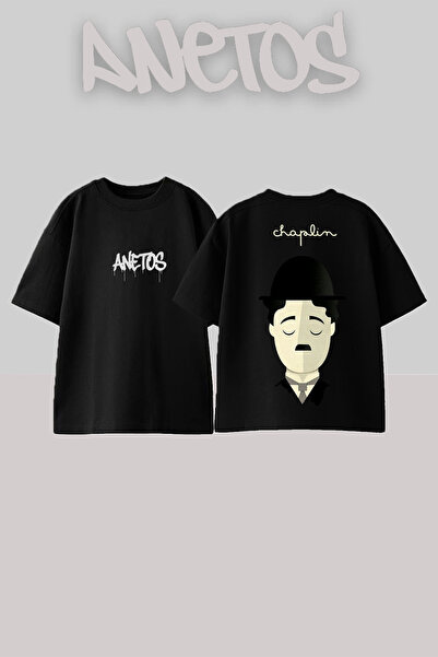 Anetos Μπλουζάκι Charlie Chaplin 1 με στάμπα στην πλάτη, βαμβακερό, μαύρο, ov...