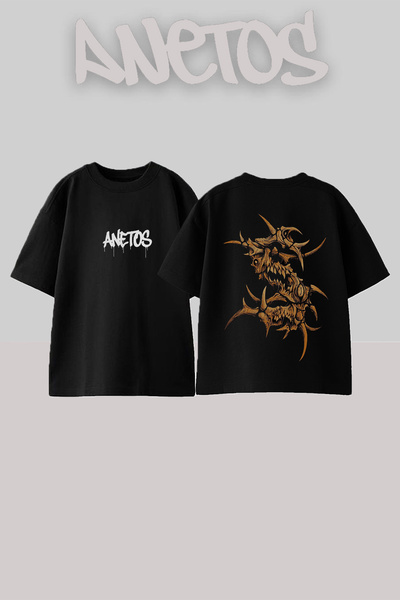 Anetos Tricou oversize negru din bumbac cu imprimeu pe spate Bone Monster Design