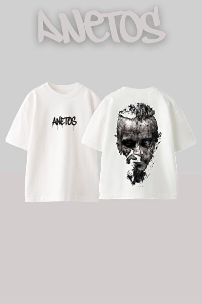 Anetos Tricou oversize alb din bumbac cu imprimeu pe spate Ragnar Lothbrok De...