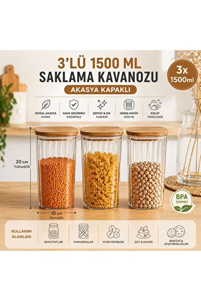 CİHO 3 Pieces of Glass 1500 ml (1.5 Liter) Acacia Vacuum Lid Food Jar Storage...