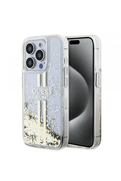 Stef's Cat Θήκη για Apple iPhone 15 Pro, Guess, Υγρό Γκλίτερ με Χρυσές Ρίγες,...