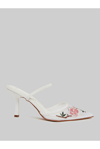 Styli White Embroidered Pointed Toe Mules