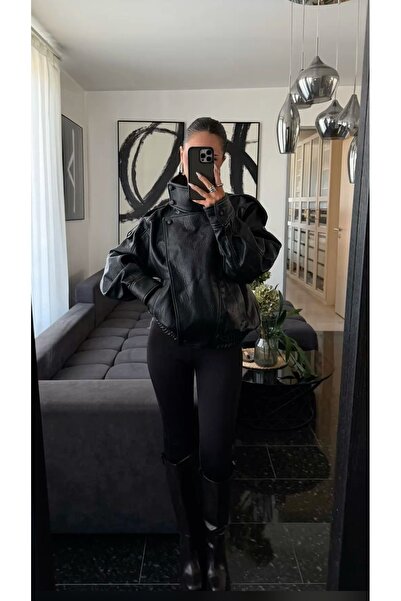 Ekim Store Μαύρο δερμάτινο μπουφάν με ψηλό γιακά σε oversize γραμμή