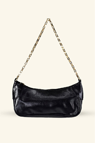 birizmoda Γυναικεία τσάντα μπαγκέτα με λουράκι από χοντρή χρυσή αλυσίδα - Μαύρη