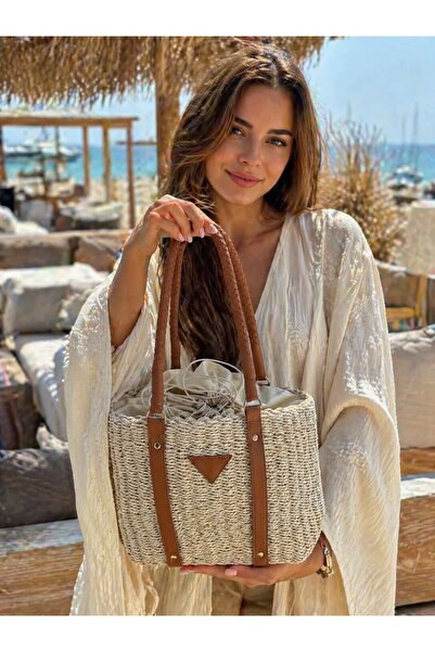 BALIENTE Μπεζ δερμάτινη ψάθινη γυναικεία τσάντα με χερούλια 30x25 εκ.