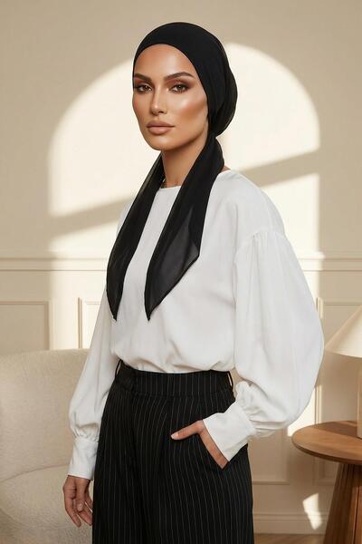 Aisha's Design Bağlanabilir Kaymaz Penye İçli Şifon Bone,B-97,Siyah