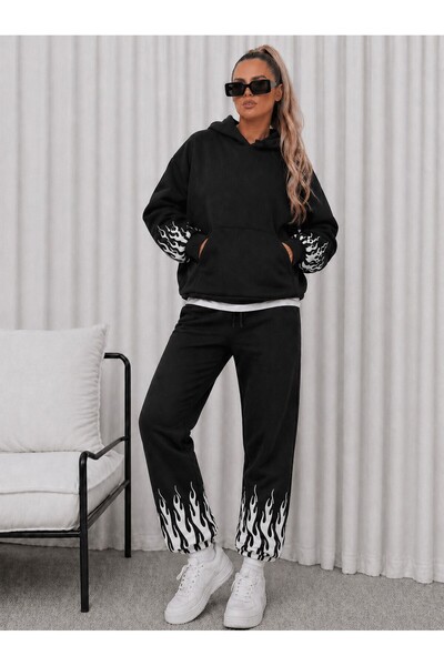 SERBA Women's Black Flame Patterned Hooded Tracksuit Set
