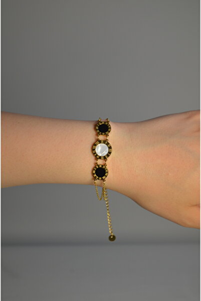 shop Steel Bracelet with Gold, Black and White Stones
