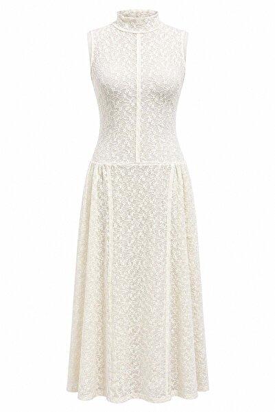 Mixray 2107 Γυναικείο φόρεμα με ψηλό γιακά με δαντέλα, αμάνικο, μίντι, λευκό