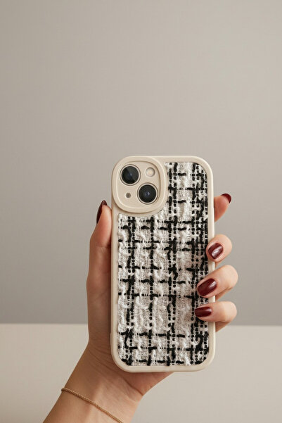QUSCHU iPhone 13-14 Uyumlu Tweed Kumaş Dokulu Kamera Korumalı Şık Silikon Tel...