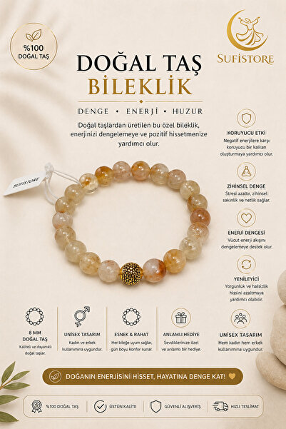 SufiStore Doğal Sitrin Taş Bileklik-Sitrin Para Taşı-Unisex Bileklik-8mm