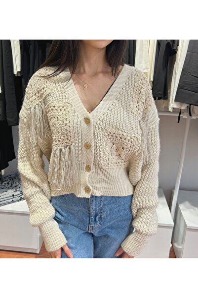 MODA كارديجان تريكو بوهو مزين بالكروشيه والشرّابات