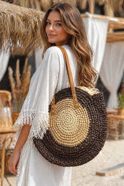 HAZAL KAYA ATELIER Round Hand Knitted Straw Women's Bag with Black Leather St...