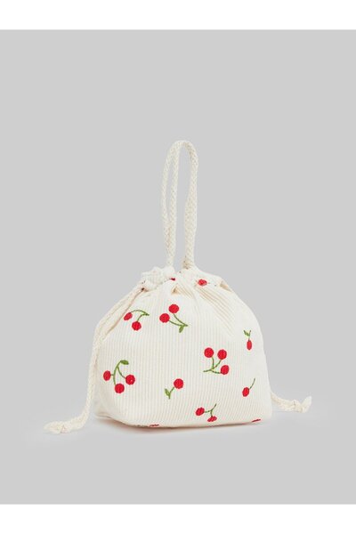 Styli Cherry Print Corduroy Drawstring Bag