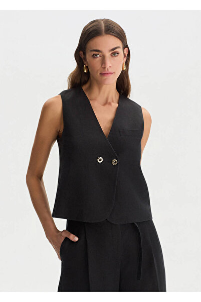 Knitss Black Linen Double Buttoned Vest