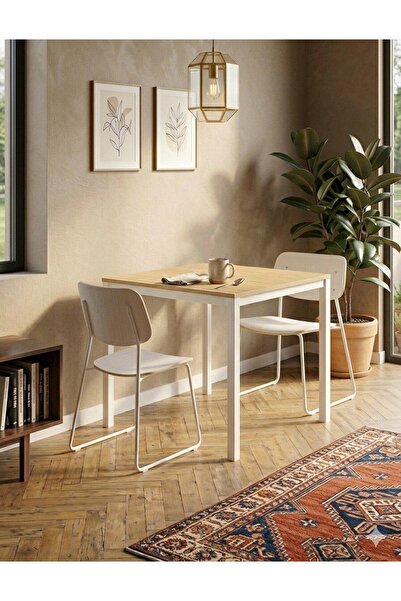İREM Kompakt Yemek Masası 72x88 cm – Beyaz Metal Gövde & Ahşap Desenli Üst Tabla