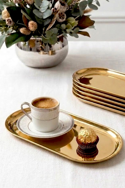 Kitchen Life Set of 6 Large Oval Gold Presentation Plates 30.5 cm