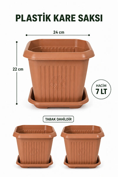 Binbirreyon 2 Adetli Kare Tabaklı Saksı Seti 7Lt 24x22cm Terracotta Kahverengi Plastik AH225