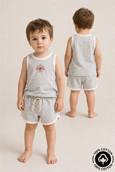 Miniel Unisex Sun Printed Piping Detailed 100% Cotton Baby Kids Athlete Short...