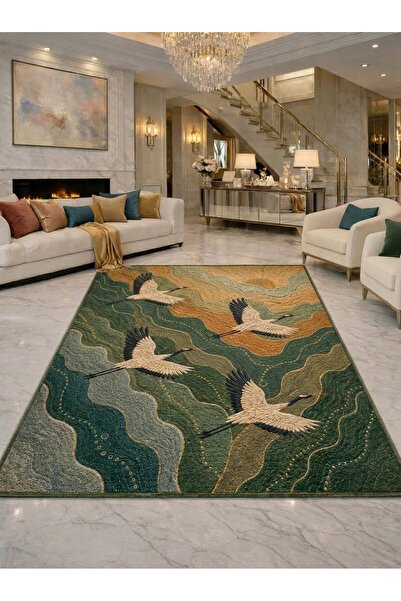 Rugs Modern Halı SDT Turna Kuşları Dalga Desenli Yeşil Lacivert Bej Tonlu Dok...